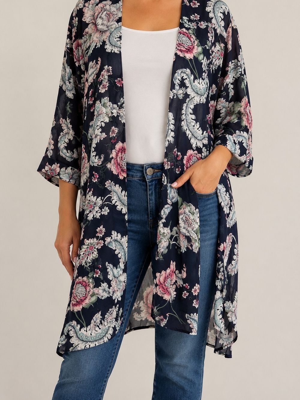 SOHO Jeans Floral Open Front Kimono Cardigan Large Navy Pink Boho Lightweight Du